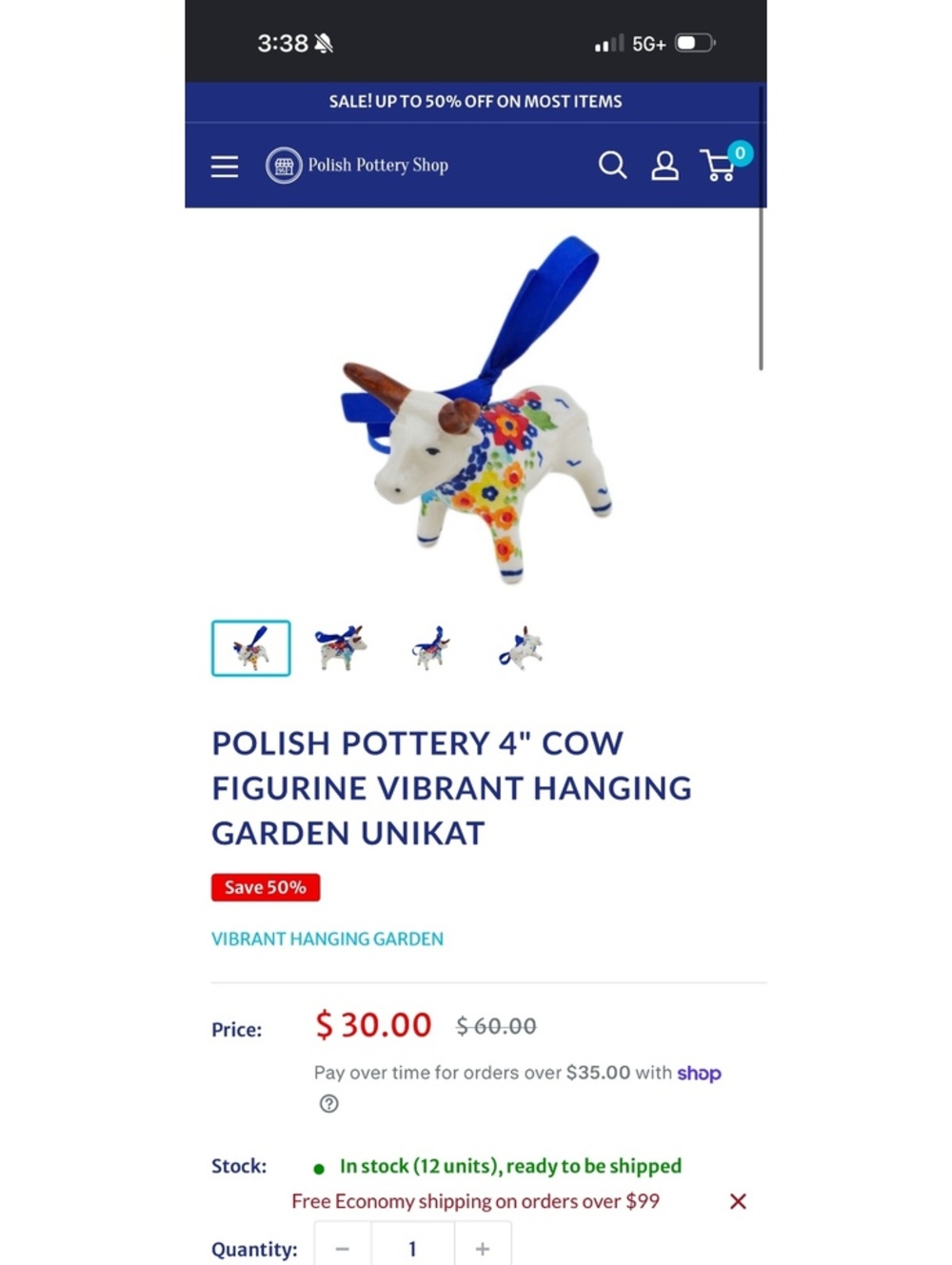 2unique Boleslawiec Polish Pottery 4" Cow Figurine Vibrant Hanging Garden Unikat